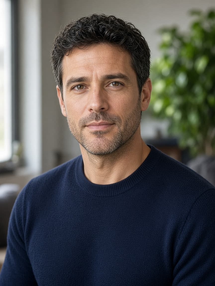 A man looking at the camera with a calm, confident expression