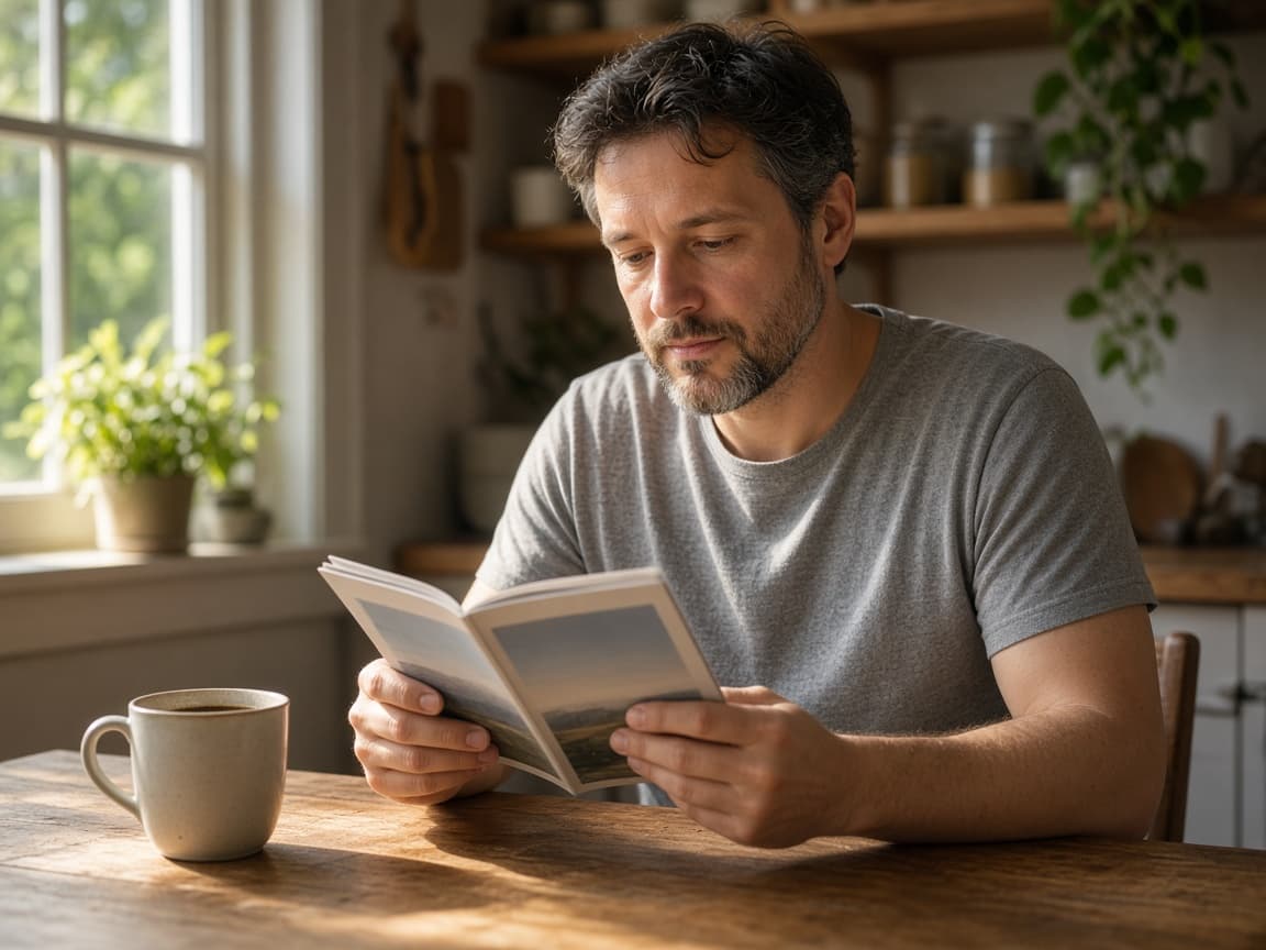 A man reading a short guide at a kitchen table